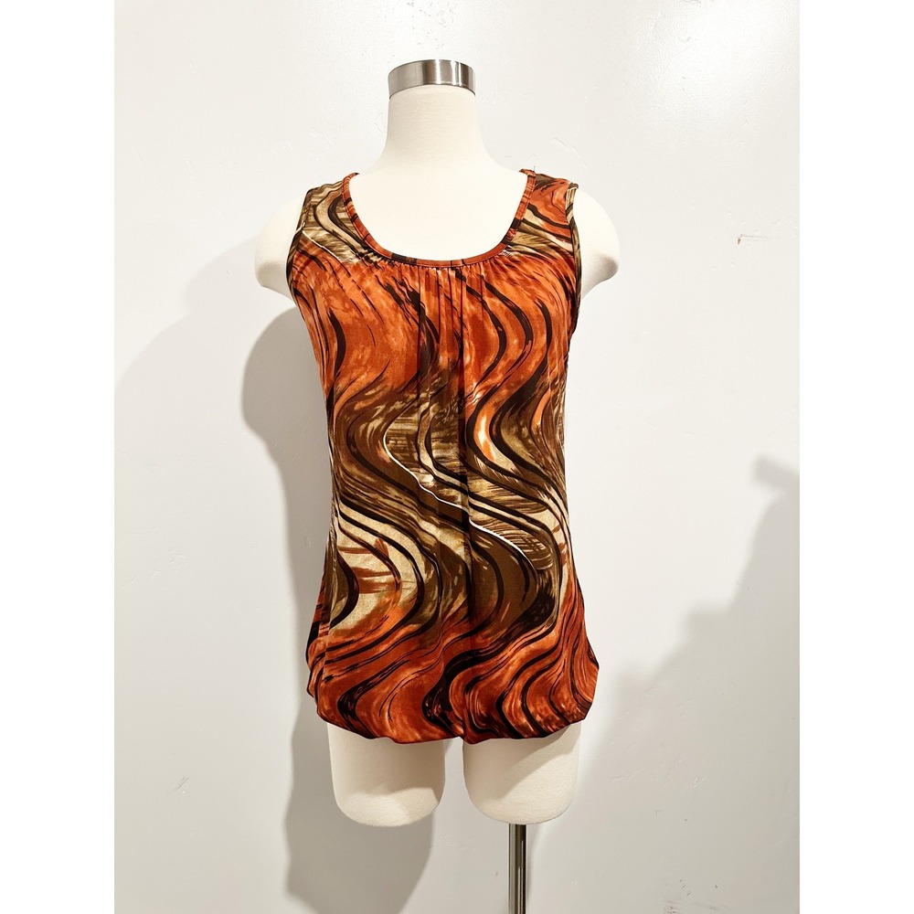 Vintage Agenda Y2K Orange and Brown Abstract Swirl Print Scoop Neck Tank - Large